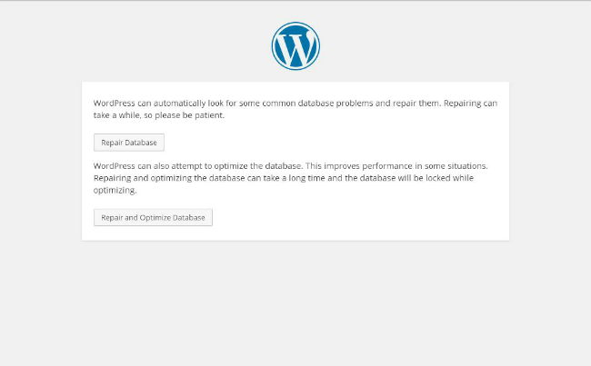 Wordpress Database Repair Screen